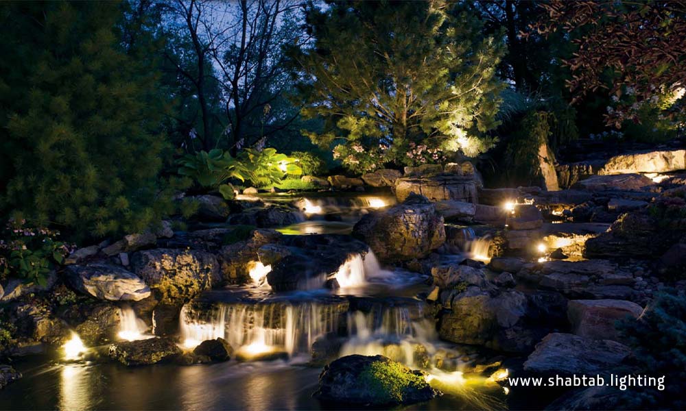 نورپردازی آبشار محوطه ویلا و باغ